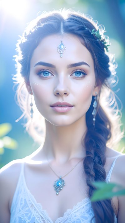 Ethereal woman portrait with blue eyes, nature jewelry, and braid