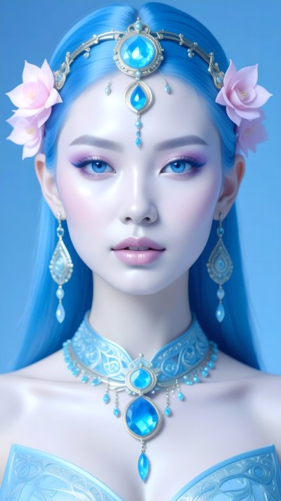 Mystical woman with blue hair, blue eyes, ornate blue jewelry, flowers