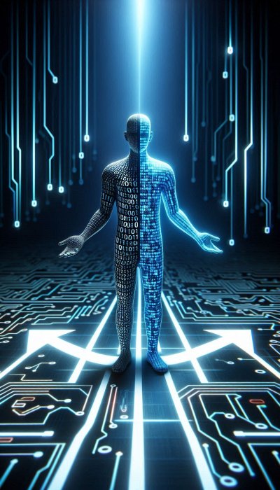 Digital human form split with binary code and circuitry, on a circuit 