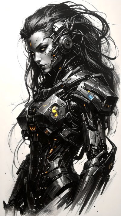 Black & white sketch of powerful female cyborg w/ armor & glowing eyes