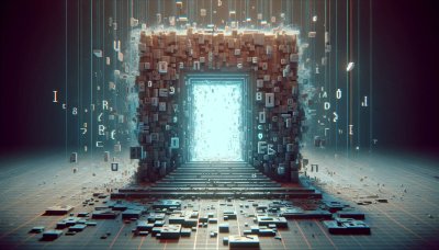 Digital Portal: Futuristic world with floating elements and code fragm