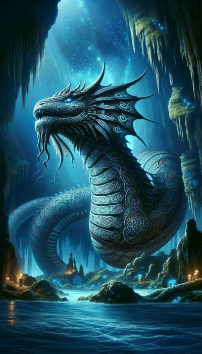 Ornate blue fantasy dragon in magical icy cave with starry sky