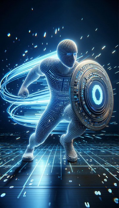 Digital Warrior with '0' Shield Amidst Data Streams