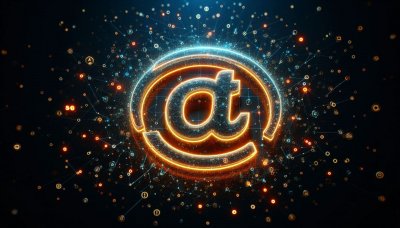 Glowing @ symbol network illustrating digital communication and intern