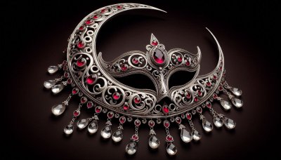 Silver masquerade mask with ruby gems, crescent moon shape, crystal dr