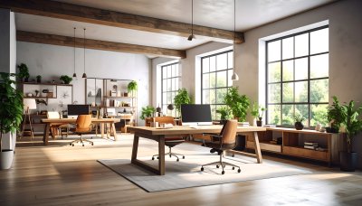 Bright modern office with plants and natural light