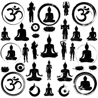 Buddha & Om silhouette icons evoking peace & discovery