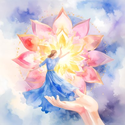 Woman reaching for glowing lotus held by a hand, symbolizing wonder