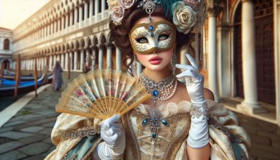 Woman in ornate mask, historical costume, and fan in Venice