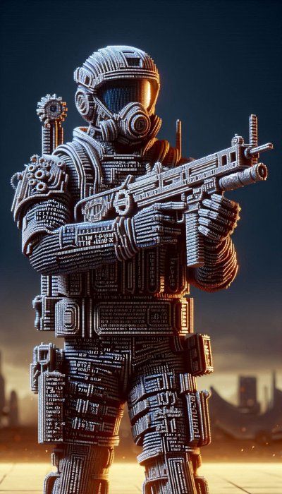 Futuristic pixel soldier with rifle in pixelated armor against city ba