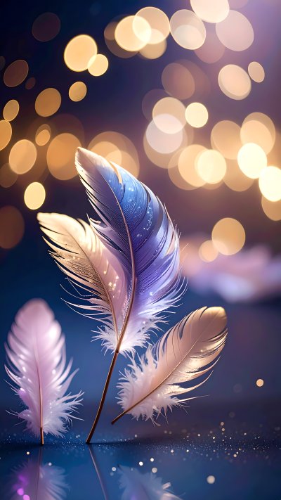 Ethereal feathers reflecting on surface with golden bokeh lights