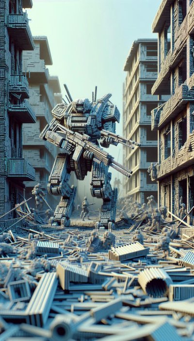 Mech warrior guards destroyed city, twin rifles, futuristic conflict s