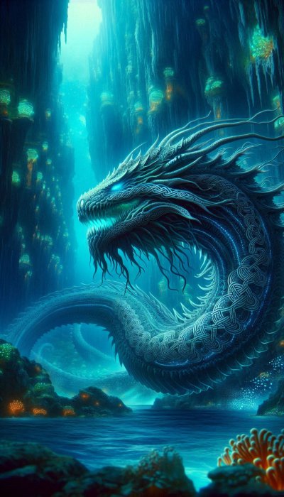 Blue dragon in underwater canyon with bioluminescent flora