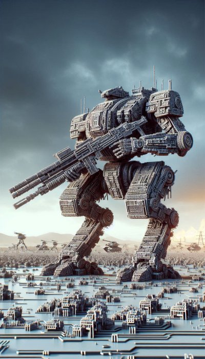Giant war machine in futuristic city with tanks and soldiers