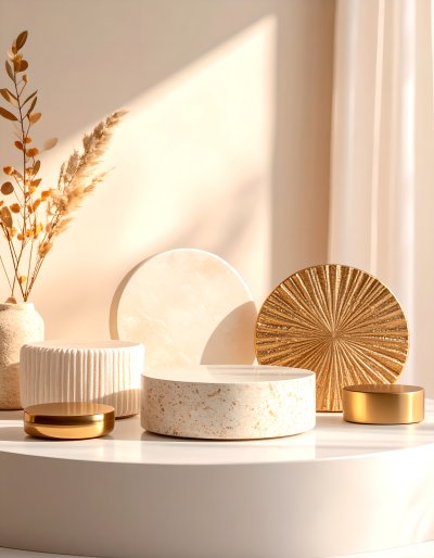 Luxury design display with textured pedestals and gold accents