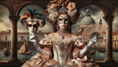 Elegant woman in Venetian carnival costume with mask and fan in Venice