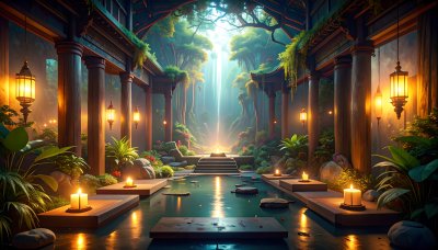 Enchanting jungle sanctuary with tranquil water and ethereal light