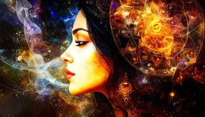 Spiritual artwork of a woman mediating with universe