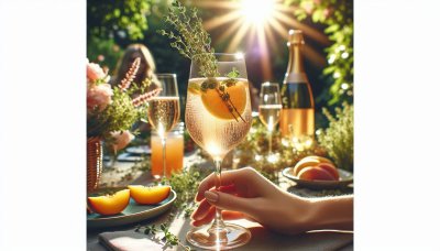Hand holding peach spritz with thyme in a sunny garden