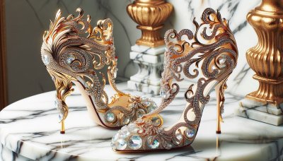Ornate gold diamond high heels on marble surface