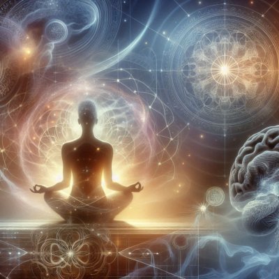 Meditating figure with cosmic energy and geometric patterns