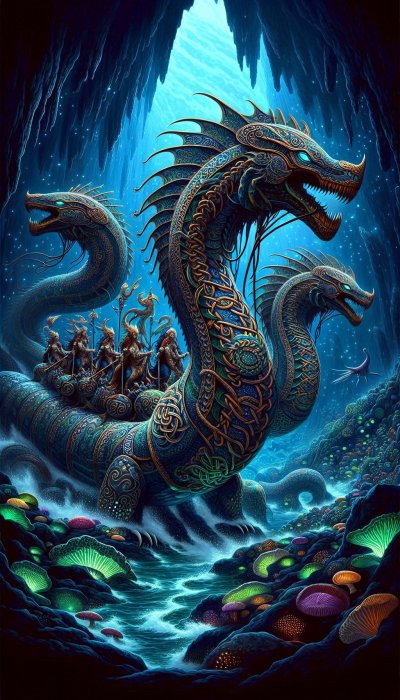 Ornate 3-headed dragon with warriors in glowing underground cave