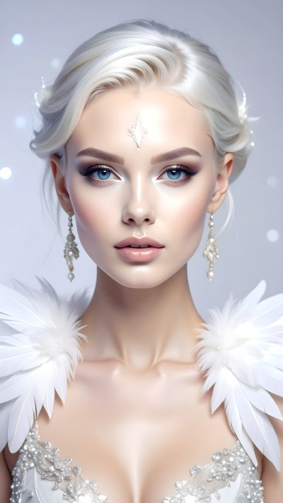 Ethereal woman with white hair, feathers, and jewels artwork