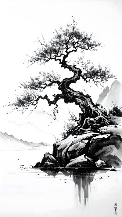 Black & white ink painting of gnarled tree on cliff overlooking water