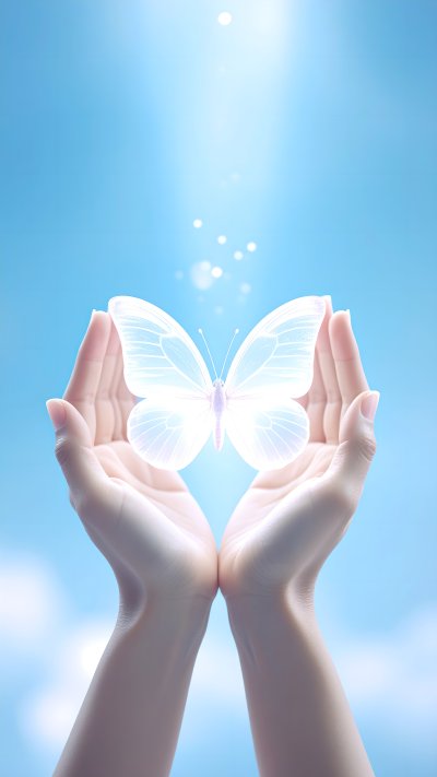 Hands holding a glowing butterfly against a blue sky with light