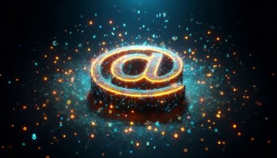 Glowing @ symbol with orange accents and blue connections on dark back