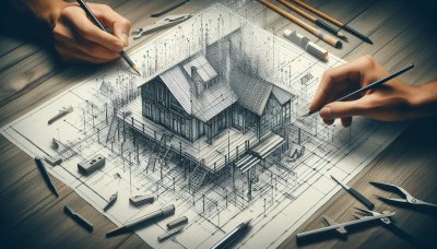 Architectural blueprint sketch with hands drawing and tools.