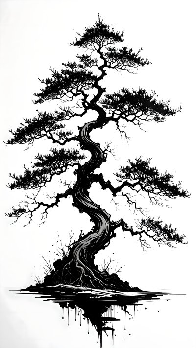 Black ink wash illustration of twisted bonsai tree reflecting in water