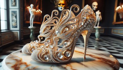 Ornate gold and jeweled high heel shoes on marble table.