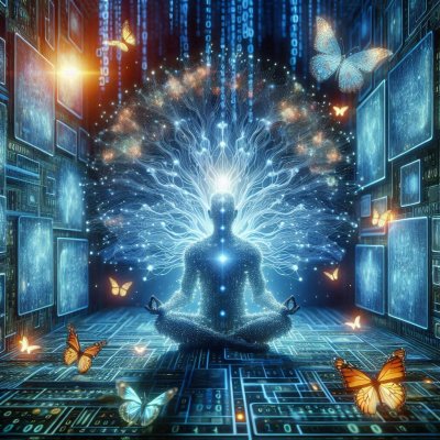Meditating figure in digital matrix with butterflies