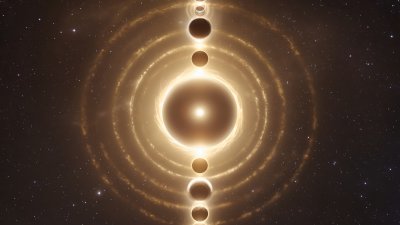 Cosmic alignment with glowing ethereal rings, evoking wonder