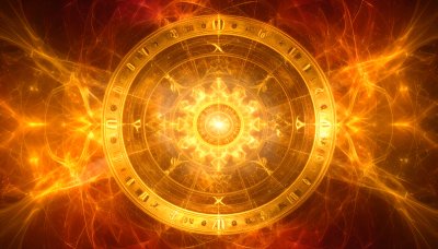 Mystical golden astrological wheel radiating fiery cosmic energy