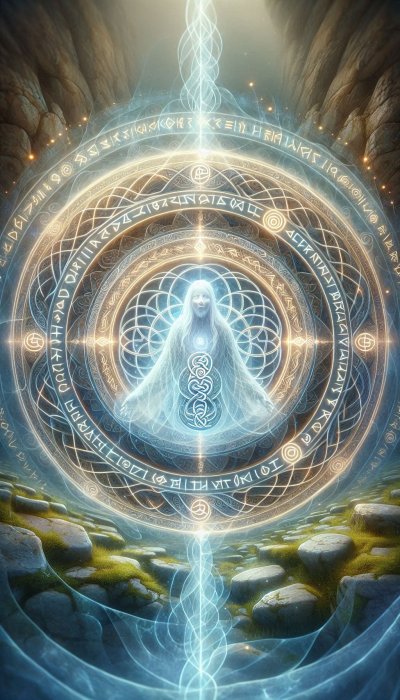 Mystical figure with geometric patterns and runes, emanating spiritual