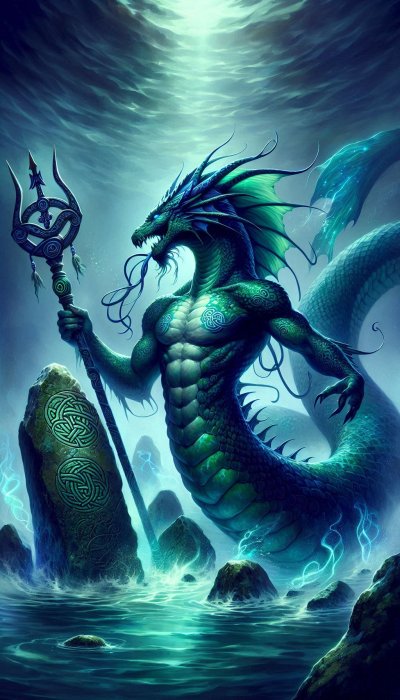 Muscular green sea dragon in mystical water with glowing Celtic staff
