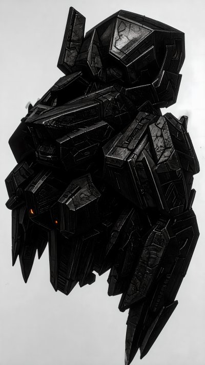 Dark geometric mechanical creature with orange eyes on white