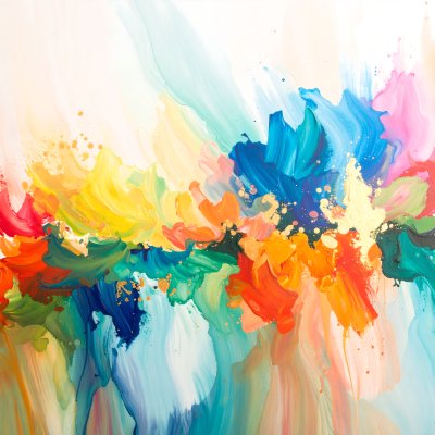 Vibrant abstract art with joyful colors and gold accents