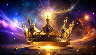 Gold jewel crown with cosmic background, evoking majesty