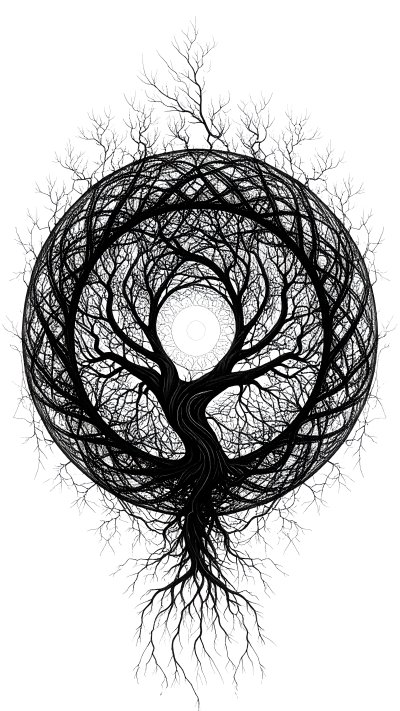 Black and white intricate tree forming a sphere with roots
