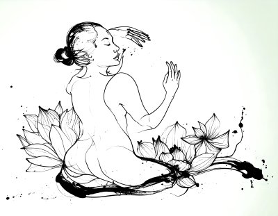 Serene woman with lotus flowers, evoking harmony and inner peace