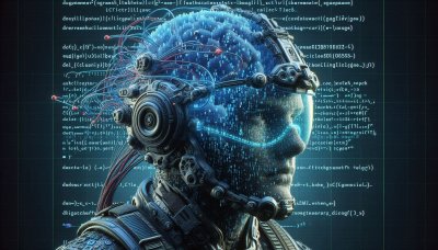 Futuristic cybernetic head with glowing circuit brain and code