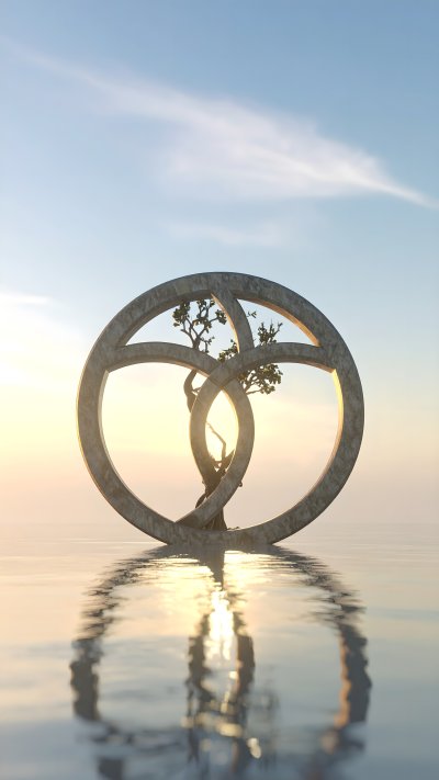 Tree in abstract intertwined structure on water at sunrise