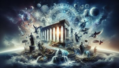 Classical temple amidst celestial spheres and astrological symbols