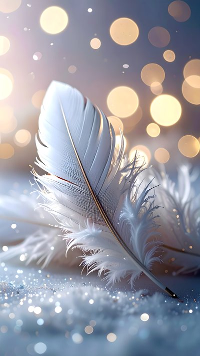 Delicate white feather on shimmering surface with golden bokeh lights.