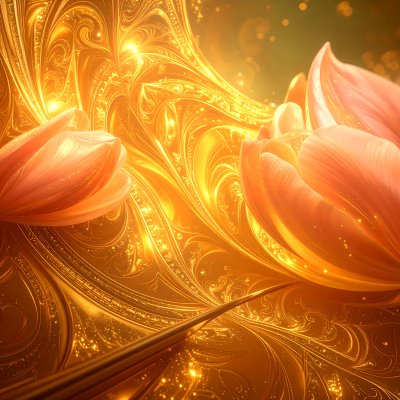 Luxurious golden floral pattern with peach tulip petals