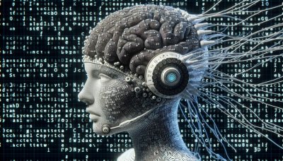 Human head with cybernetic circuit brain wires on digital code backgro