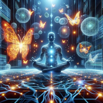 Meditating figure surrounded by networks and butterflies, interconnect